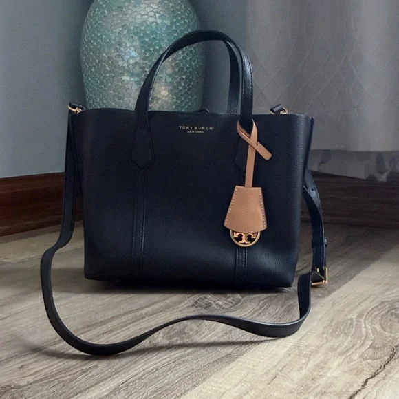 Tory Burch Black Leather Satchel with Tan Accent Tag - Picture 1 of 8